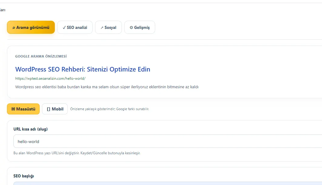 SEOANALİZİN WordPress — Search appearance preview