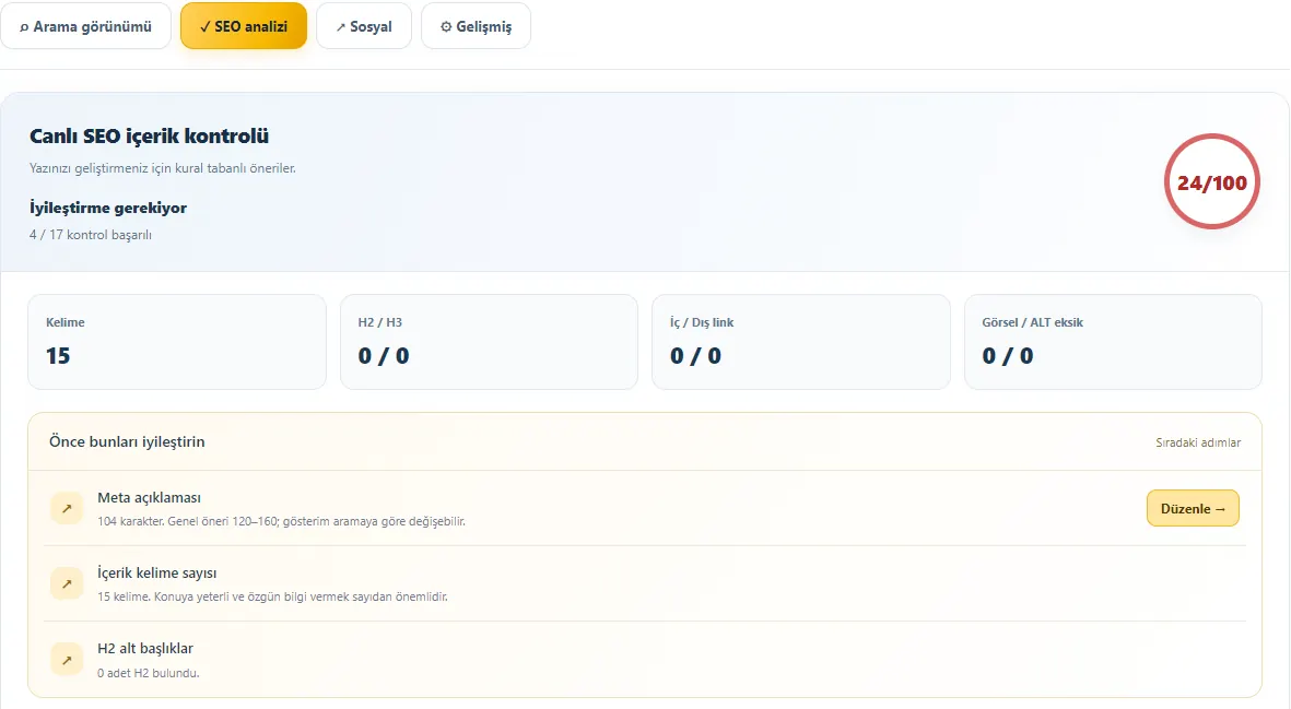 SEOANALİZİN WordPress — Live content SEO checklist